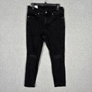 & Denim H&M Jeans Womens 31 Black Skinny Cropped Moulant 3/4 Ripped Knee Holes‎